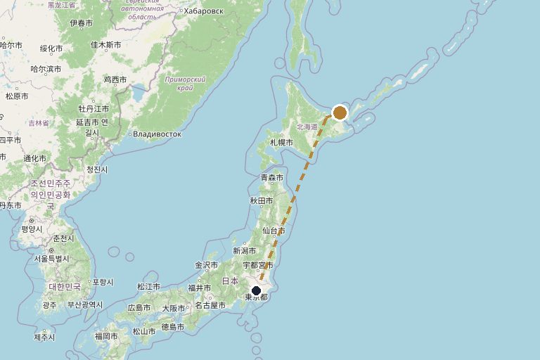 Map of the route from Tokyo (HND) to Utoro