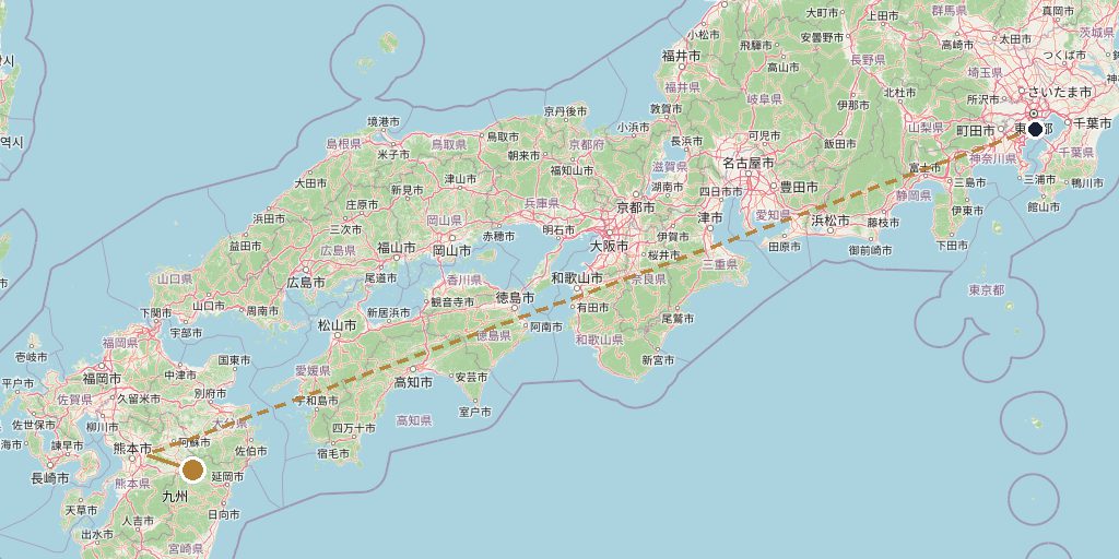 Map of the route from Tokyo (HND) to Takachiho