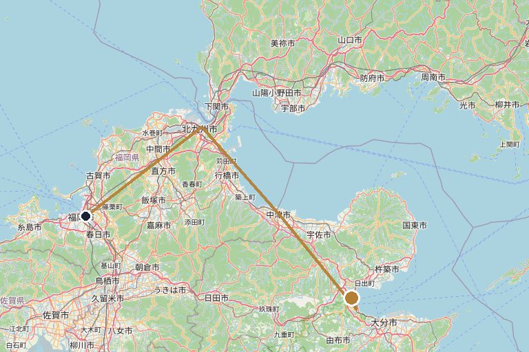 Map of the route from Fukuoka to Kannawa, Beppu