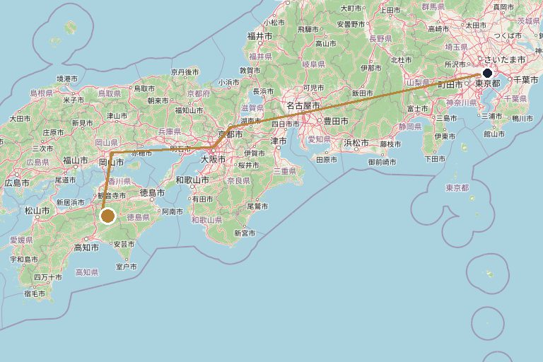 Map of the route from Tokyo to Iya Valley
