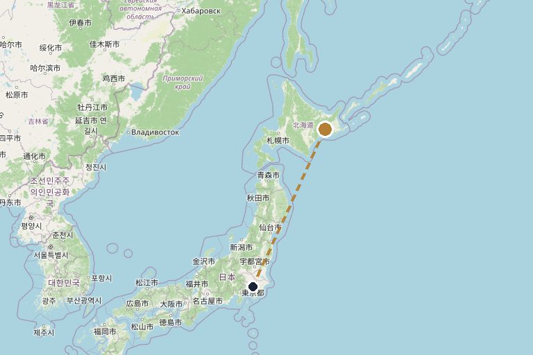 Map of the route from Tokyo (HND) to Tsurui