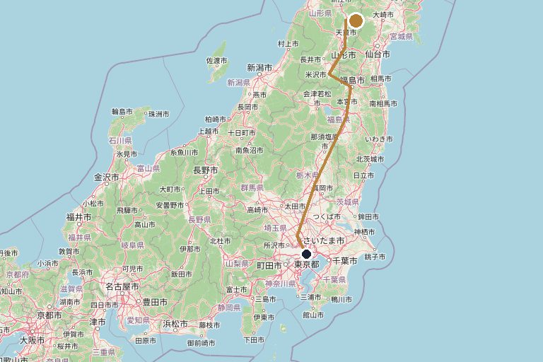 Map of the route from Tokyo to Ginzan Onsen