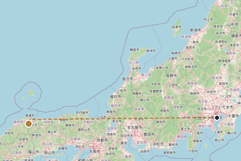 Map of the route from Tokyo (HND) to Adachi Museum